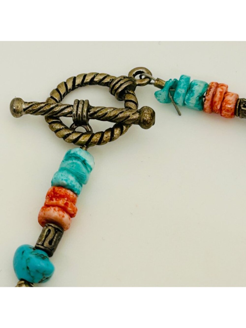 Southwestern Red Spiny Oyster & Turquoise Color Stone Shell Spike Toggle Vintage - Picture 2 of 12